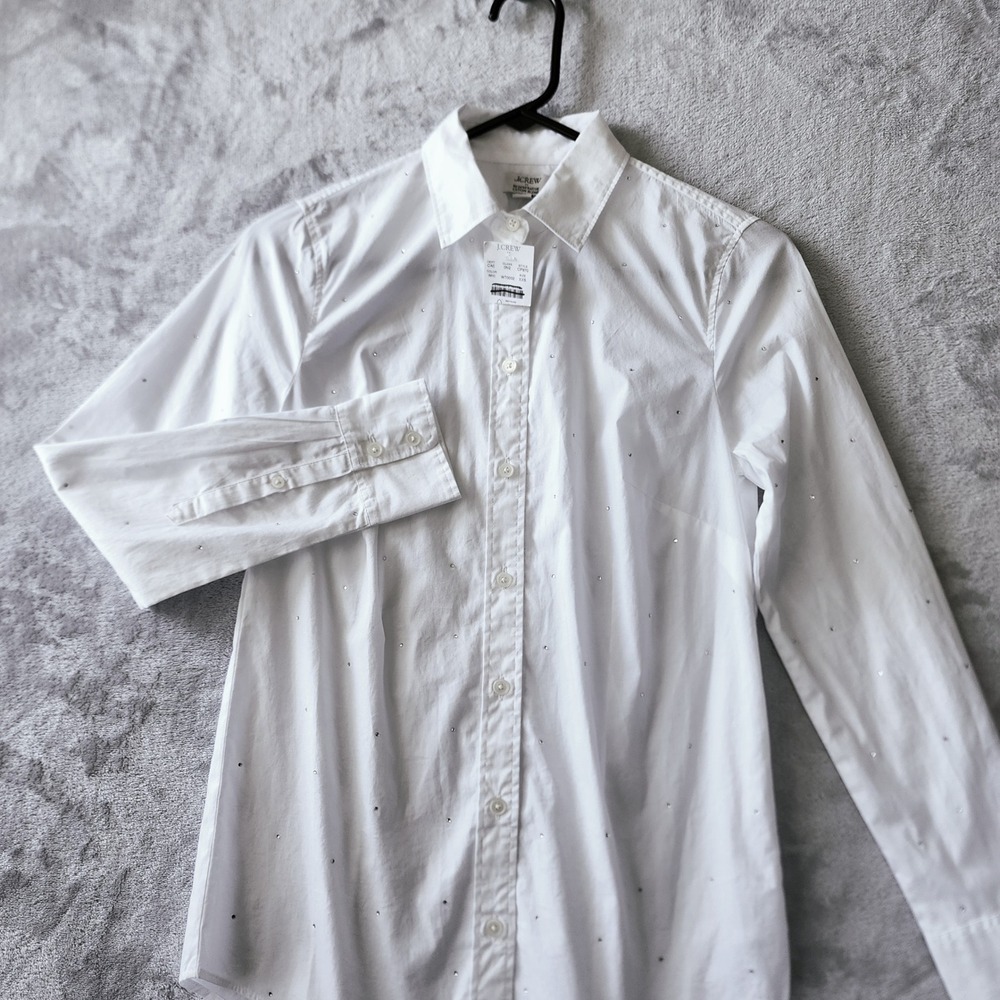 J.Crew Button Up Shirt Womens Size  XXS White Rhinestones Embellished Cotton NWT